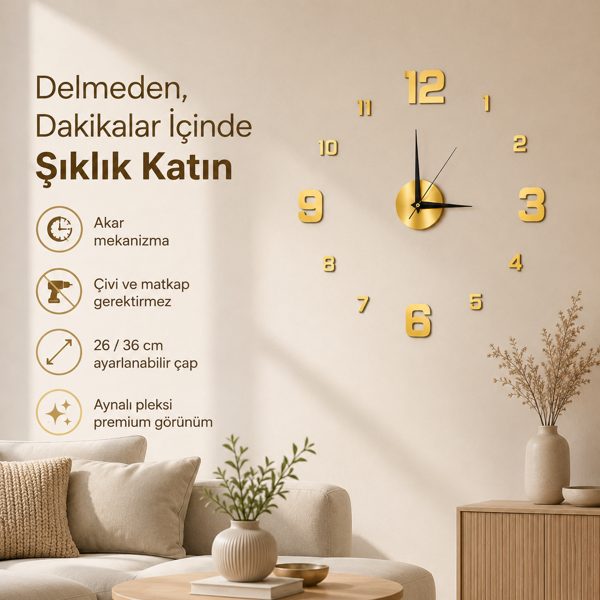 Momentia Modern Aynalı Pleksi Yapışkanlı Duvar Saati | 3D Sticker Kendin Yap Saat