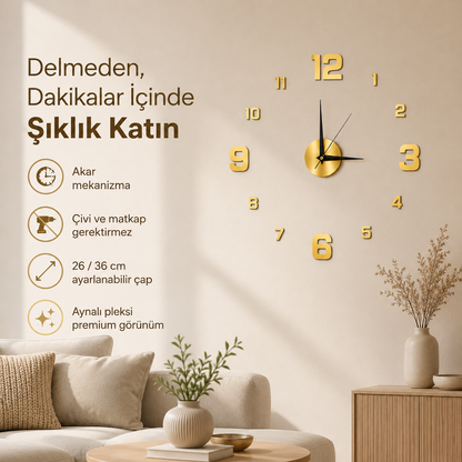 Momentia Modern Aynalı Pleksi Yapışkanlı Duvar Saati | 3D Sticker Kendin Yap Saat