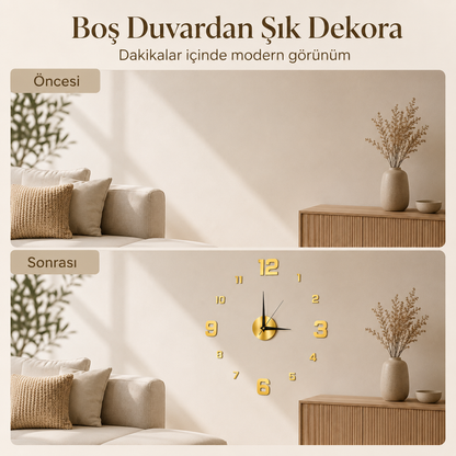 Momentia Modern Aynalı Pleksi Yapışkanlı Duvar Saati | 3D Sticker Kendin Yap Saat