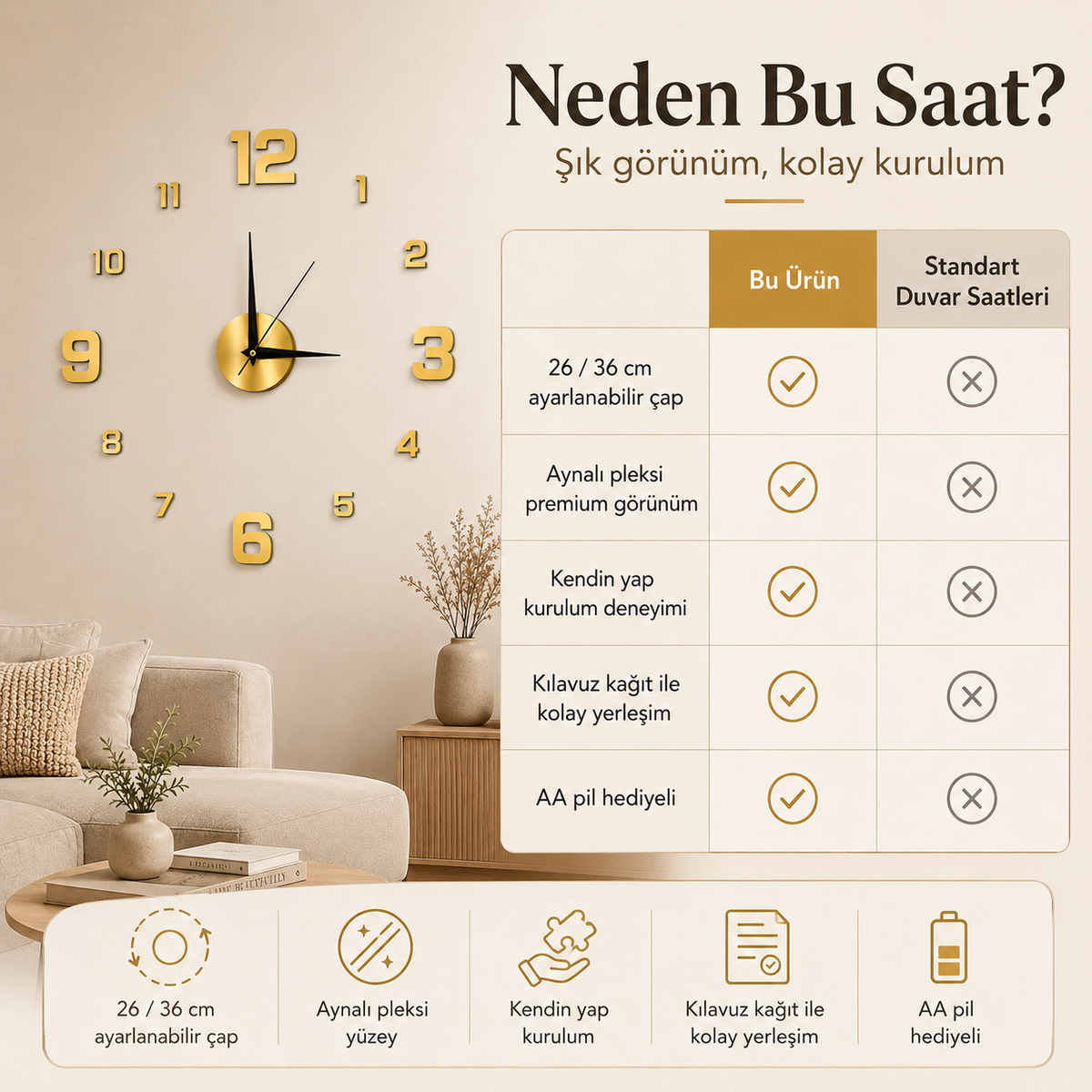 Momentia Modern Aynalı Pleksi Yapışkanlı Duvar Saati | 3D Sticker Kendin Yap Saat