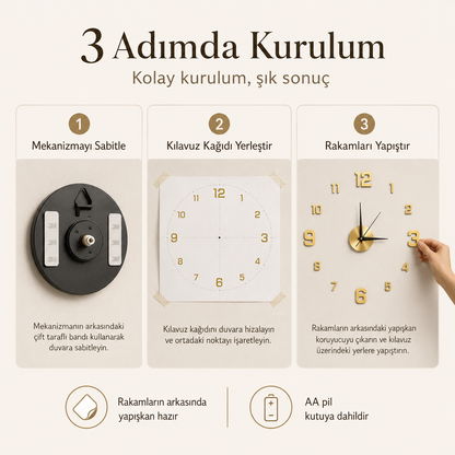 Momentia Modern Aynalı Pleksi Yapışkanlı Duvar Saati | 3D Sticker Kendin Yap Saat