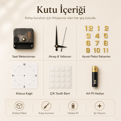 Momentia Modern Aynalı Pleksi Yapışkanlı Duvar Saati | 3D Sticker Kendin Yap Saat