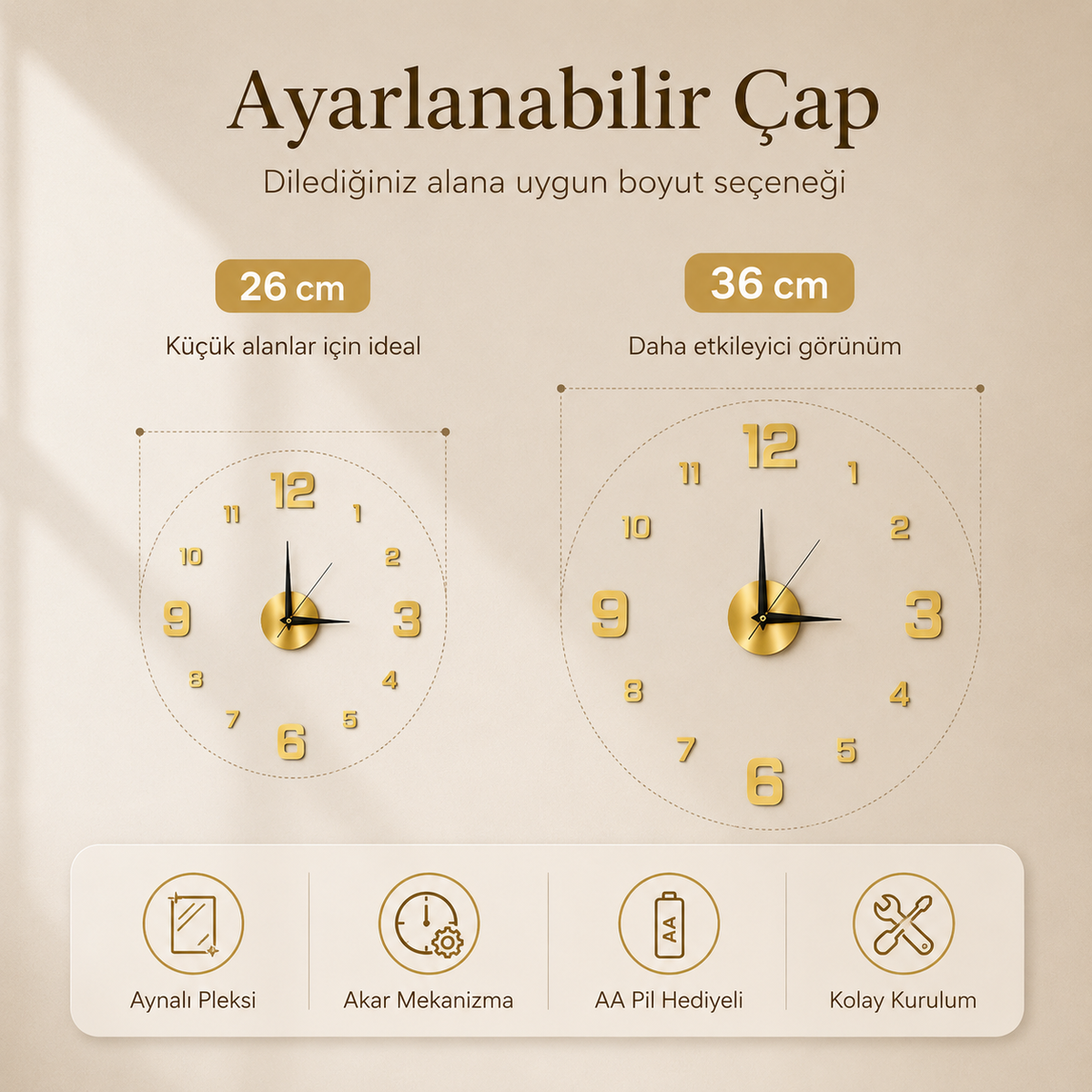 Momentia Modern Aynalı Pleksi Yapışkanlı Duvar Saati | 3D Sticker Kendin Yap Saat
