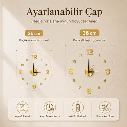 Momentia Modern Aynalı Pleksi Yapışkanlı Duvar Saati | 3D Sticker Kendin Yap Saat