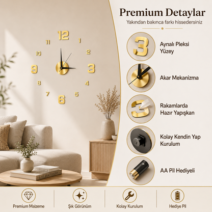 Momentia Modern Aynalı Pleksi Yapışkanlı Duvar Saati | 3D Sticker Kendin Yap Saat